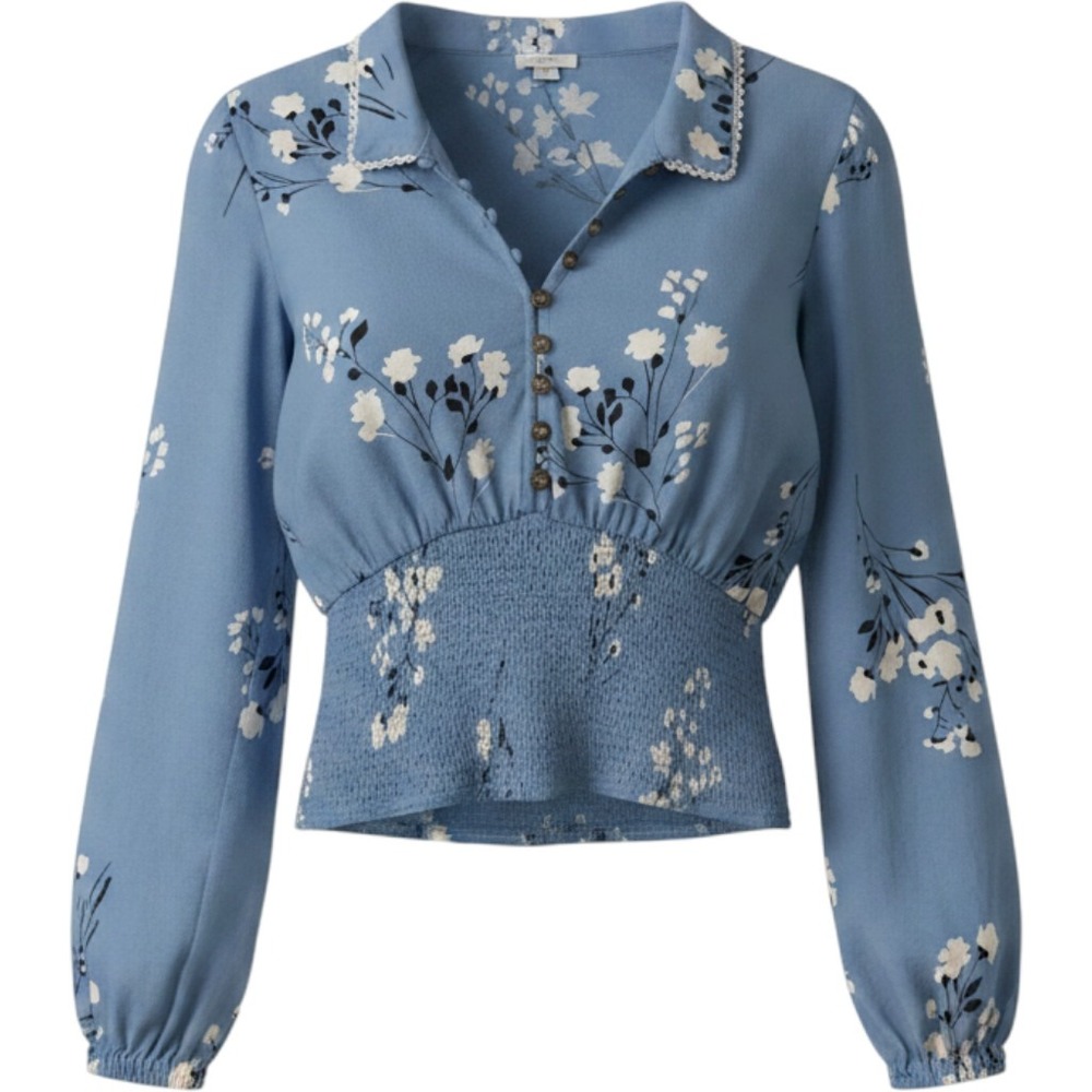 Maeve Anthropologie Blue Floral Smocked Waist Blouse Lace Trim Button Front S